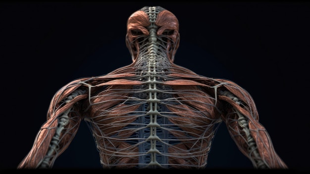 Músculos de la espalda de un hombre con columna vertebral médicamente ilustración 3D