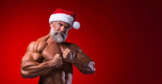 Un musculoso culturista padre navidad año nuevo concepto de fitness