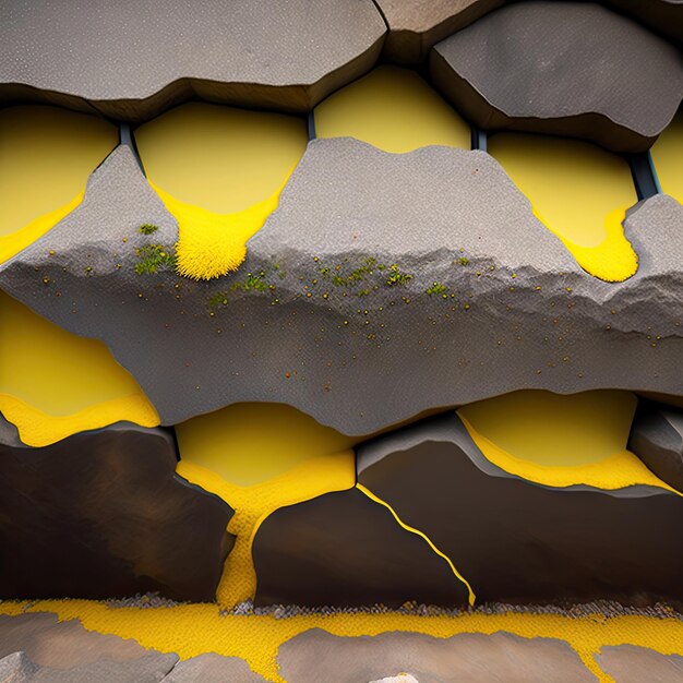 Musgo amarelo na velha parede rachada de pedra cinzenta