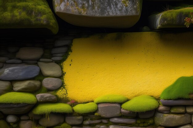 Musgo amarillo en la vieja pared agrietada de piedra gris