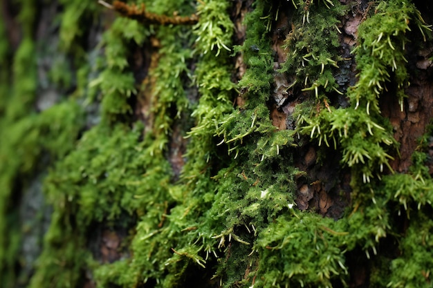 El musgo en la corteza de un árbol de cerca