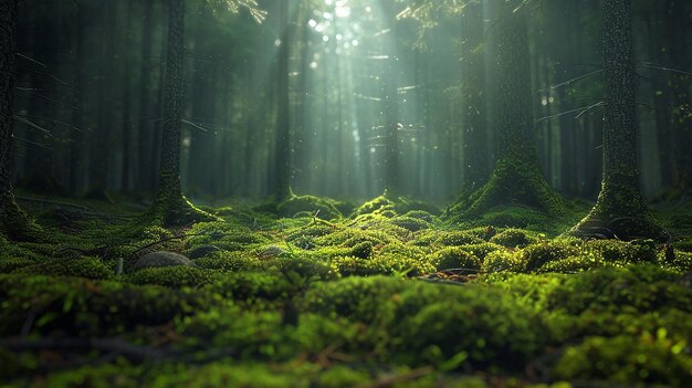 Foto el musgo y la luz del sol iluminan el suelo