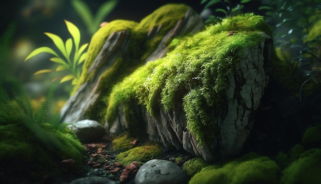 Musgo verde en el bosque sobre una piedra IA generativa