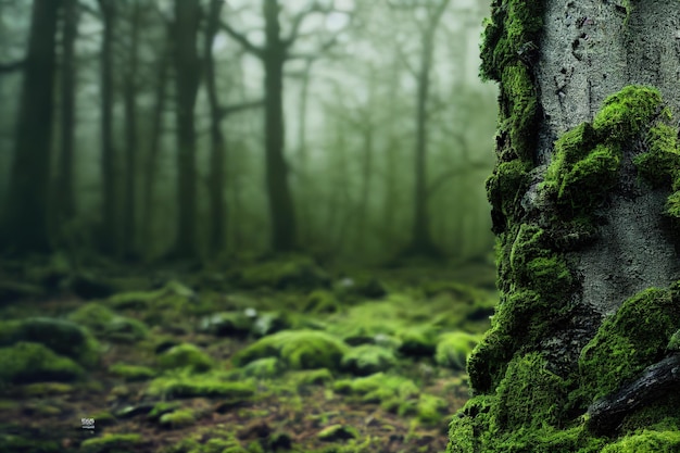 Musgo verde crescendo no tronco da velha árvore na floresta enevoada