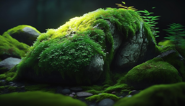Musgo verde na floresta em uma pedra Generative AI