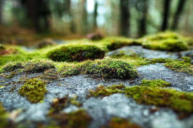 Musgo verde en primer plano de piedras de bosque de verano