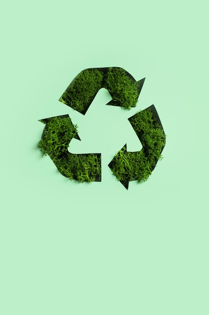 Musgo verde bajo el símbolo de reciclaje de corte de papel Concepto de reciclaje ecológico Save planet