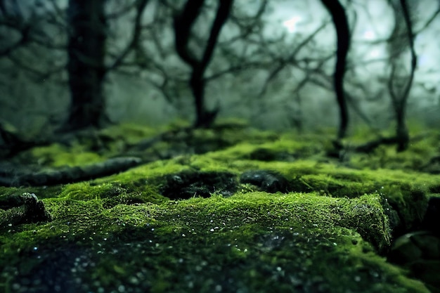 Musgo verde en terreno forestal con árboles borrosos