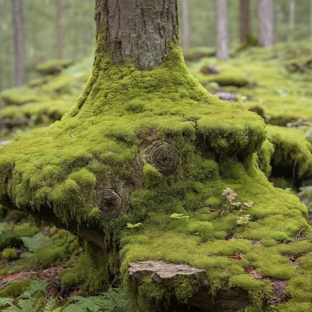 El musgo verde en un tronco de árbol en descomposición en el bosque