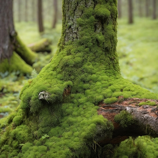 El musgo verde en un tronco de árbol en descomposición en el bosque