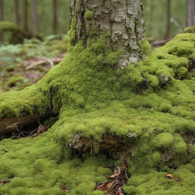 El musgo verde en un tronco de árbol en descomposición en el bosque