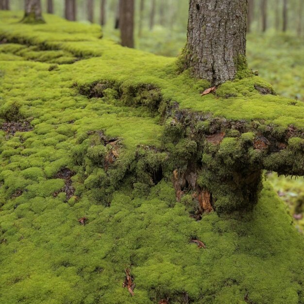 El musgo verde en un tronco de árbol podrido en el bosque