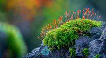 Foto el musgo vibrante y los esporófitos prosperan en una roca
