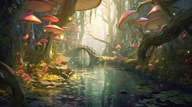 Mushroomfilled Forest Stream Una obra maestra generativa de IA