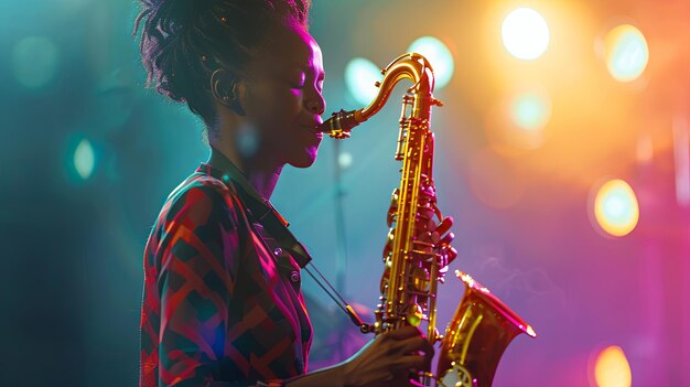 Música afro-americana tocando saxofone no palco com luzes coloridas