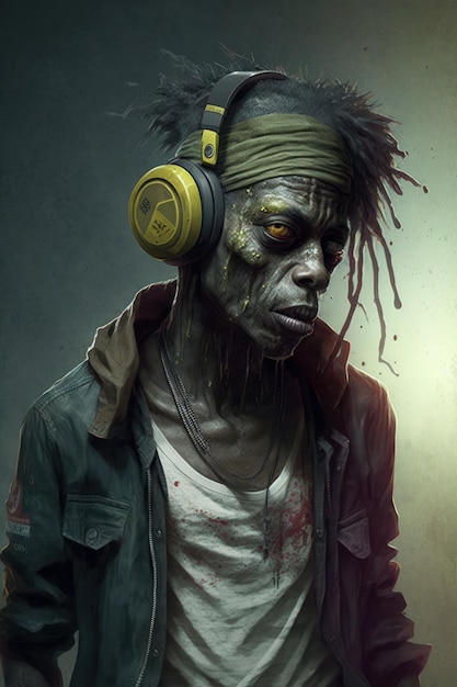 Música en auriculares Estilo hip hop Zombie Imagen de ilustración hermosa IA generativa