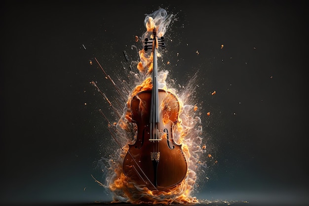 Música explosiva, un violonchelo que estalla en fuego y humo IA generativa