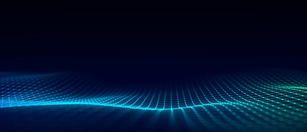 Música de ondas de partículas Visualización de grandes datos Fondo azul abstracto con una representación dinámica de ondas en 3D