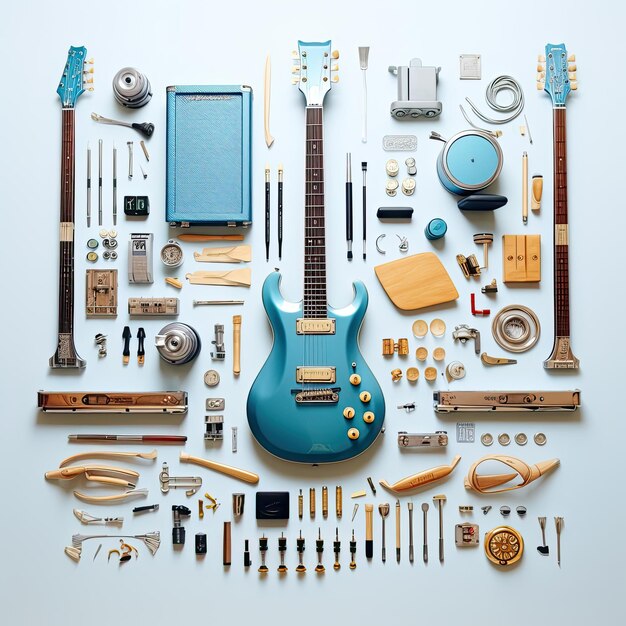 Foto música rock vintage knolling flat lays estúdio foto roupa equipar profissão arte de parede retro instagram