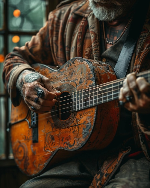 Foto un músico afina la guitarra antes de hacer el papel tapiz