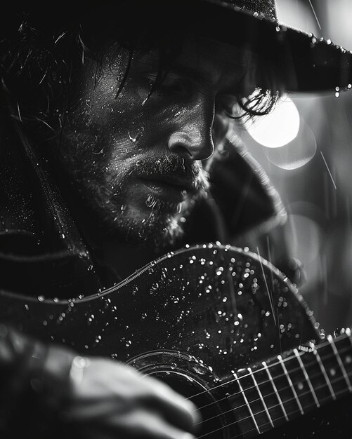 Foto un músico afina la guitarra antes de hacer el papel tapiz