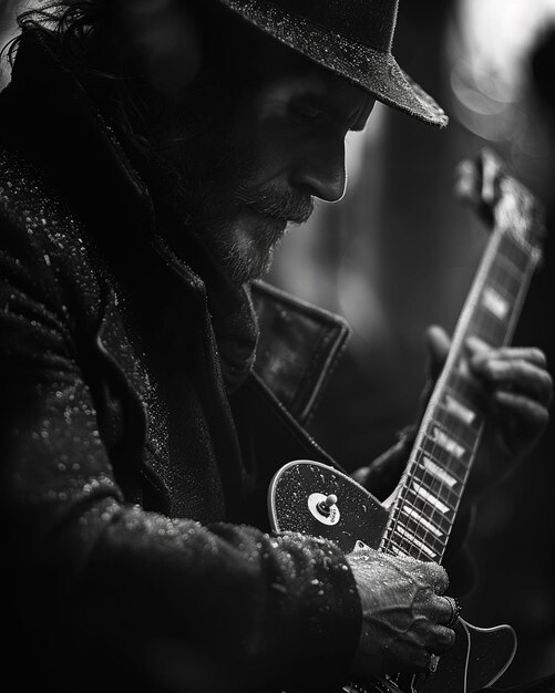 Foto un músico afinando la guitarra en el fondo