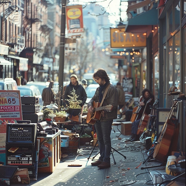 Músico callejero tocando la guitarra en la ciudad Foto en blanco y negro