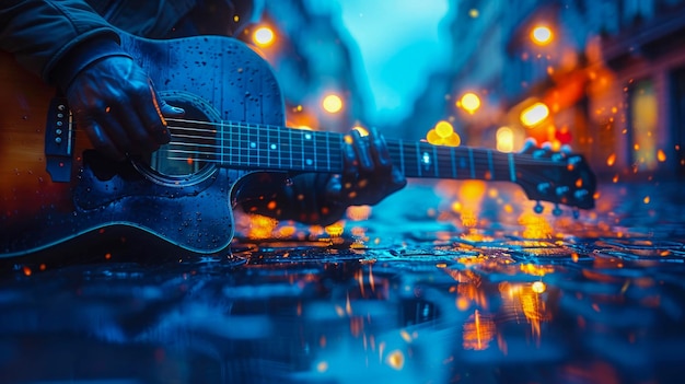 músico callejero tocando la guitarra en una ciudad lluviosa por la noche