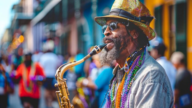 Un músico callejero tocando el saxofón en un vibrante festival al aire libre con cuentas coloridas y festivas