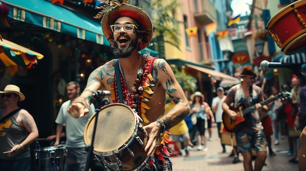 Foto un músico callejero tocando un tambor en un entorno al aire libre animado él lleva un sombrero de paja gafas de sol y una camisa colorida