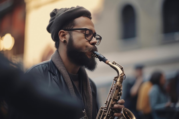 Músico callejero tocando la tuba al aire libre IA generativa