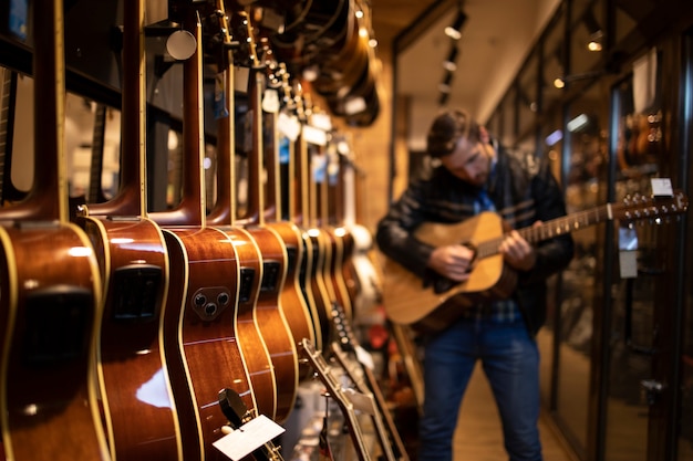 Músico caucásico talentoso tocando la guitarra nueva en la tienda de música y probándola antes de la compra.