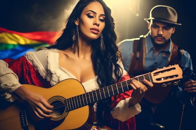 Músico colombiano tocando la guitarra con la bandera en el fondo