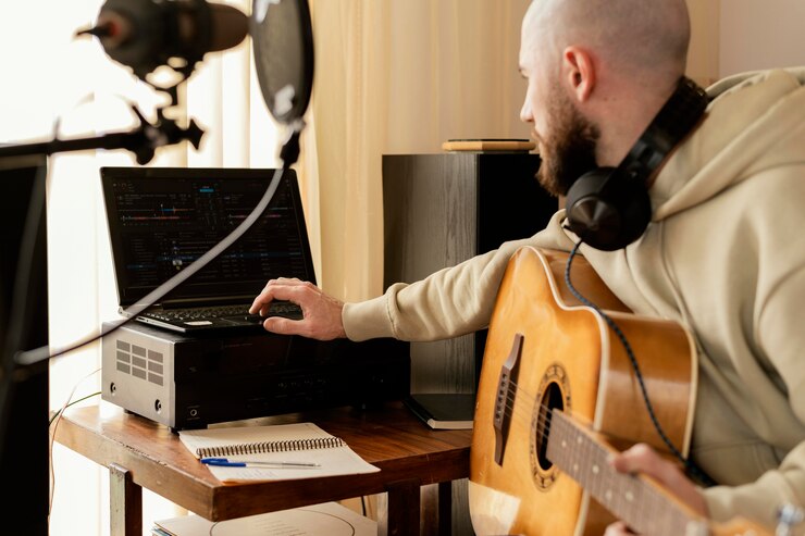 Foto músico creativo practicando en casa