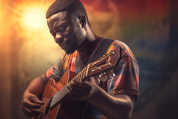 Músico de Gana tocando instrumento de guitarra Guitarrista africano espetáculo de performance musical Generate ai