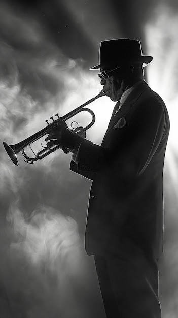 Músico de jazz em silhueta tocando uma trombeta