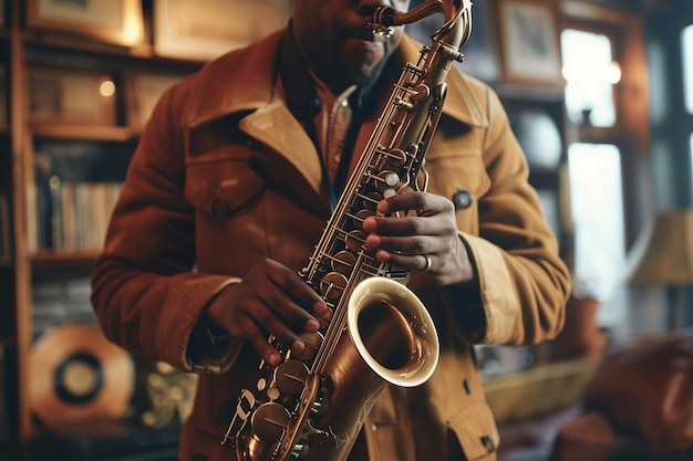 Foto músico de jazz imerso em uma apresentação solo de saxofone