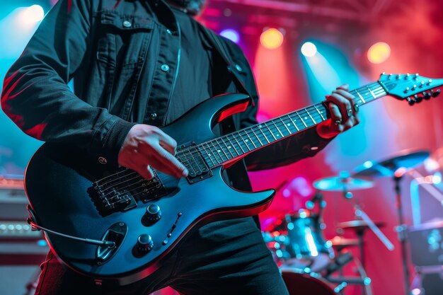 Músico en el escenario tocando la guitarra en una iluminación cálida en primer plano con fondo borroso