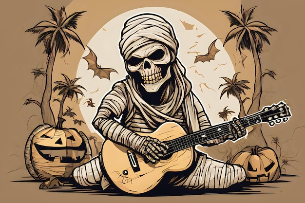 Músico esqueleto múmia com guitarra feliz Halloween