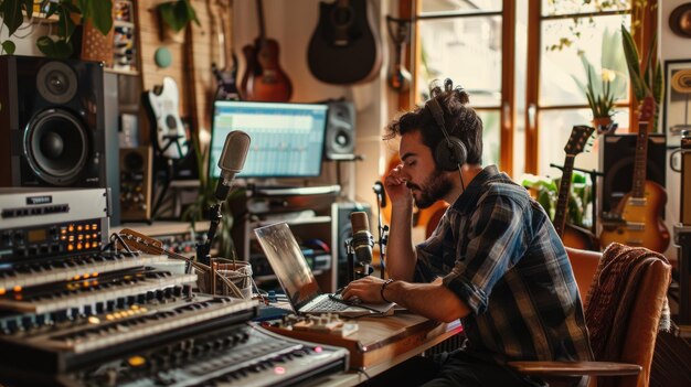 Músico en un estudio casero rodeado de instrumentos creando en un acogedor espacio creativo AIG58