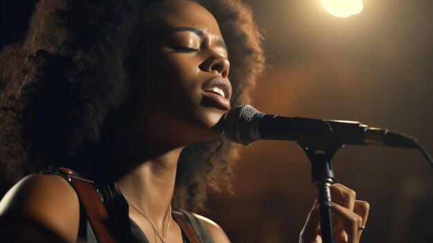 Músico Feminino Afro-Americano Jovem adulto Cantando e tocando violão no palco no local da música Generative AI AIG22