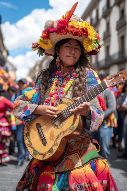 Músico feminino em vestido tecido tradicional toca guitarra em um evento cultural sua expressão serena entre a multidão colorida