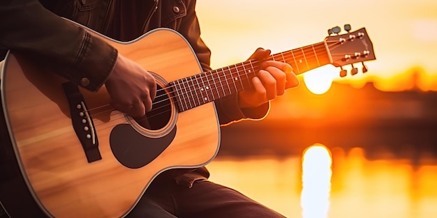 Músico con guitarra en la hierba al atardecer amante de la música Me encanta la música