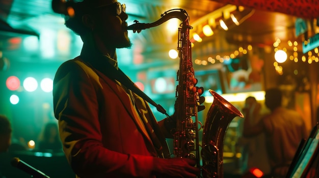 Un músico de jazz absorto en un conmovedor solo de saxofón bajo las vibrantes luces del club