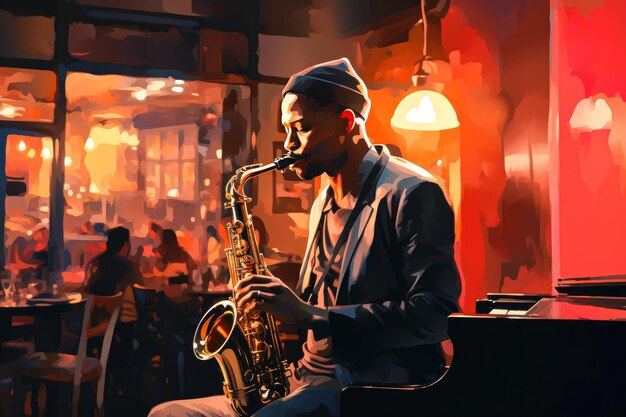 Músico de jazz afroamericano tocando el saxofón en un pub