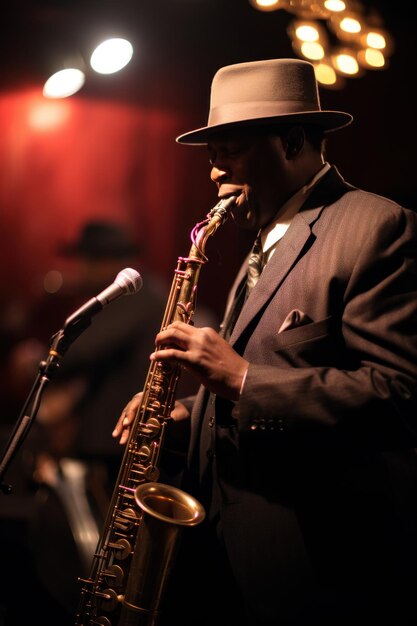 Foto un músico de jazz tocando el saxofón en el escenario en el centro de atención