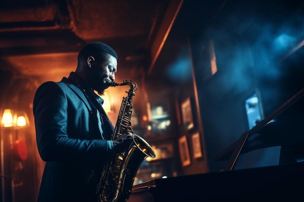 Foto músico de jazz tocando el saxofón en una habitación oscura.