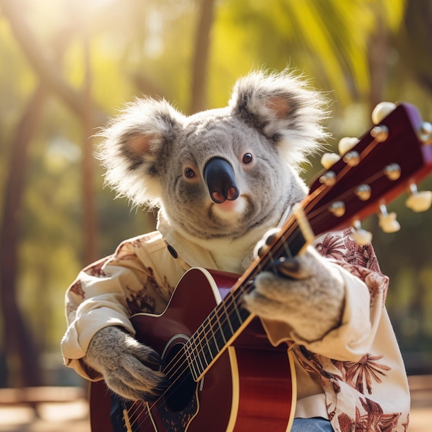 músico koala segurando uma guitarra do lado de fora em um dia ensolarado