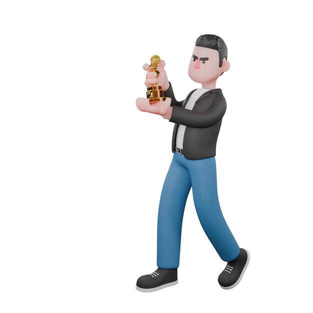 Un músico masculino se pone de pie mientras ambas manos entregan el trofeo Personaje de dibujos animados