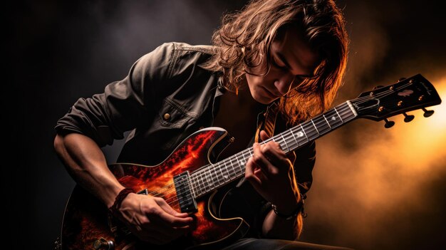 Músico masculino tocando la guitarra en un concierto de rock